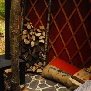 Handmade travel table (no nails or screws for easy take-apart), coffee bagg chair stuffed with free stuff, tall wood rack (also take-apart & made with