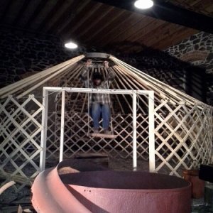 After a few modifications!  I welded five sockets onto the ring and slid the roof poles in.  After adding most of the remaining poles and tightening t
