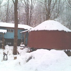 This is the 20ft yurt  where my wood stove was opening to foyer with a set of steps up to my bedroom 16ft yurt& then on up to the kitchen ~ built up a