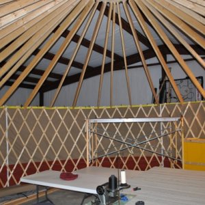 The basic frame was set up in my 
shop to make the Yurt covering.  I bought a AllBrand sewing machine. It is exactly like a Sail-Rite @ 1/3 the cost.
