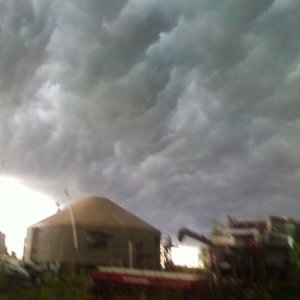 Scary day at the yurt.  90 kph.sustained  winds, gusts over 100kph.  14 hours straight. Very Scary. Very Loud, but it stood up to it. 
Hope the anti-w