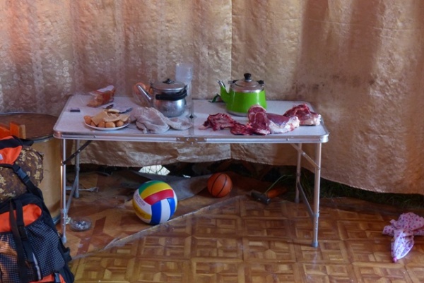 All the comforts of home.  It is cool in the yurt, and we are going to cook the meat anyway.  Y1