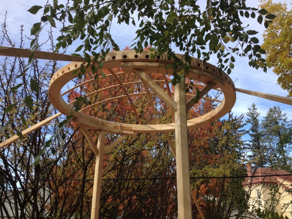 Crown ring intially up. Note: stacked straw bales work well in place of scaffolding.