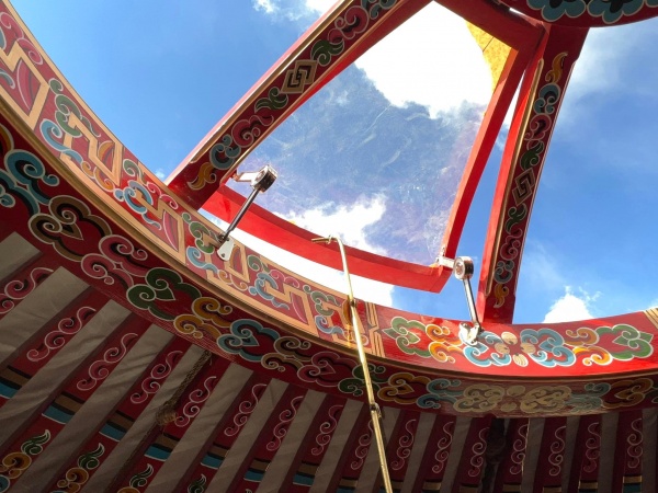 Hinged crown window on red, 5-wall (18ft diameter) yurt. mongolianyurts.org