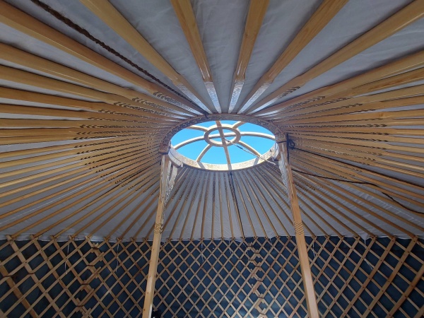 Lacquered with black detail, 5-wall (18ft diameter) yurt, TALL with side windows. mongolianyurts.org
