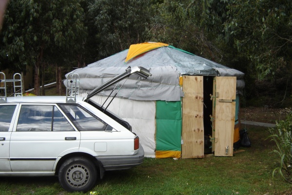 Living in it for a couple of months, in Wellington, New Zealand.  Plywood door.