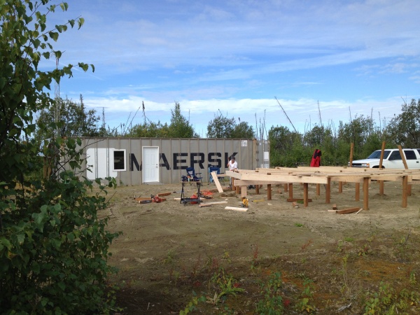 Our temp living quarters, in the background. Insulated "Connex"  Alaskan  for a shipping container.