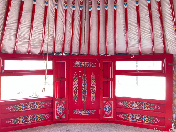 Red, 5-wall (18ft diameter) yurt, TALL with two side windows. mongolianyurts.org