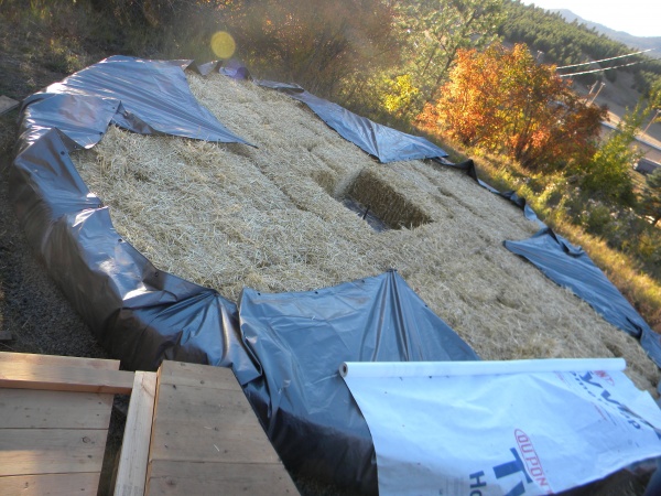 Tarp tied up onto the top of bales. Tyvek wrapped over & taped to the tarp.
