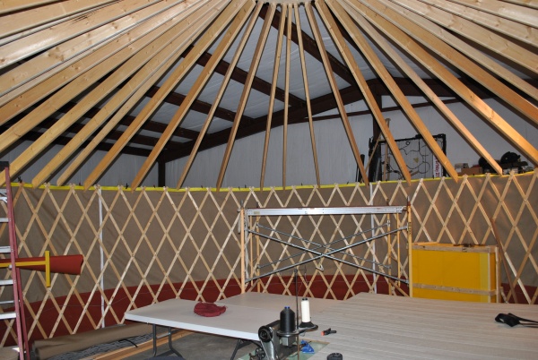 The basic frame was set up in my 
shop to make the Yurt covering.  I bought a AllBrand sewing machine. It is exactly like a Sail-Rite @ 1/3 the cost.
