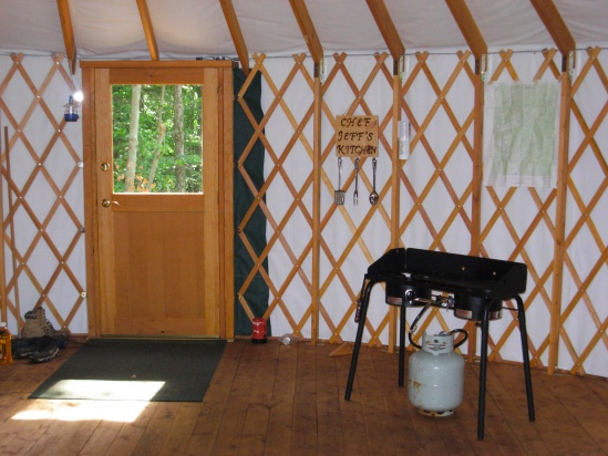 The small portable gas stove in the yurt.