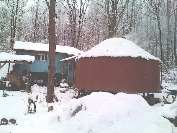 This is the 20ft yurt  where my wood stove was opening to foyer with a set of steps up to my bedroom 16ft yurt& then on up to the kitchen ~ built up a