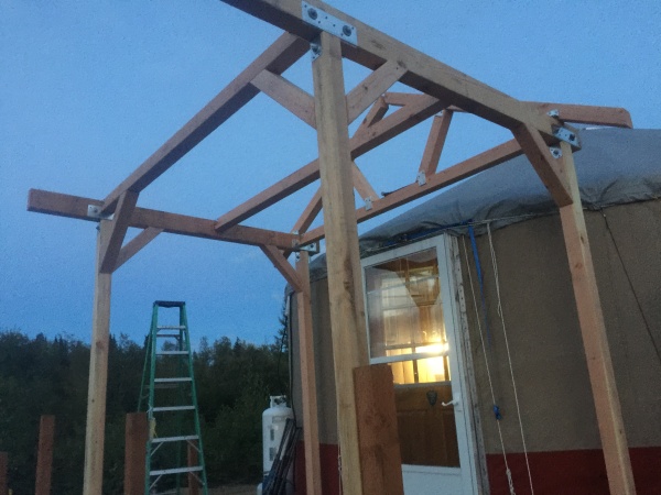 Used 4 X 4 for a timber frame look.  bolted and laged