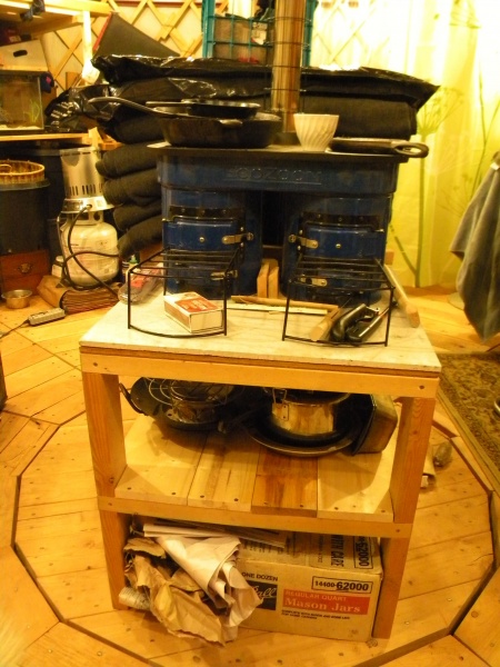 Wood cookstove stand--cement board top
