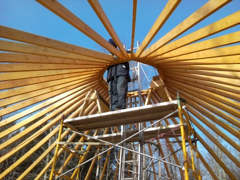Yurt rafters and scaffolding.