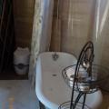Bathroom with clawfoot tub and temporary porta-potty. Leaning towards getting a composting toilet.
