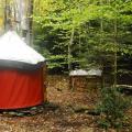 Surely Handmade Yurts - 'Secluded Forest' 10' diameter.  Showing wide view with canoe and wood pile.